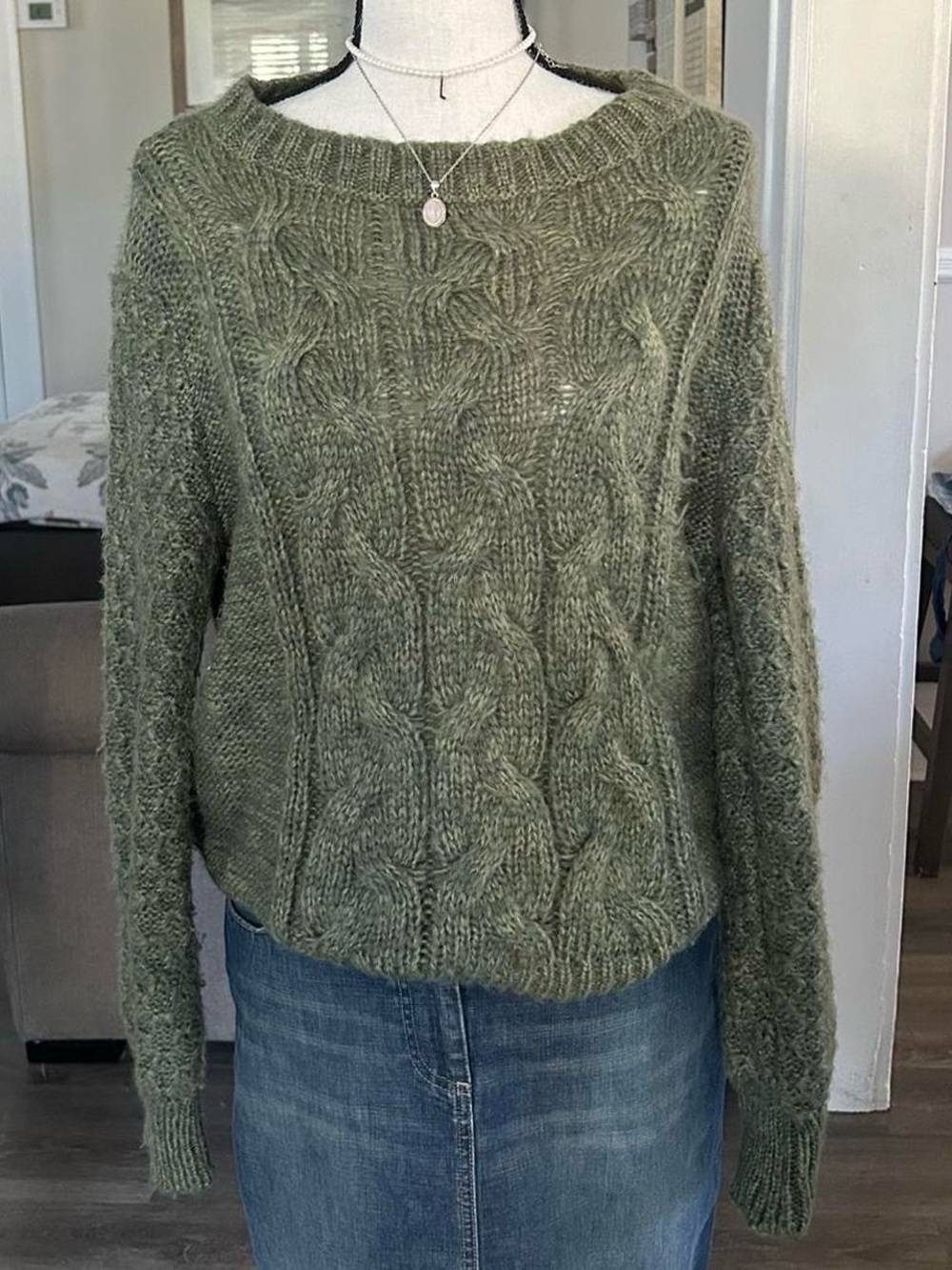 Wooden Ships Olive Cable Knit Crewneck Sweater